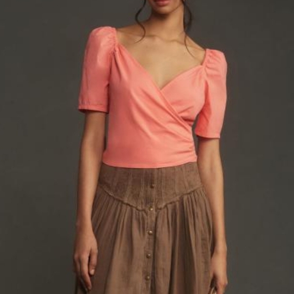 By Anthropologie Women's Puff-Sleeve Wrap Top in Pink Rose, Size MEDIUM - Picture 2 of 11